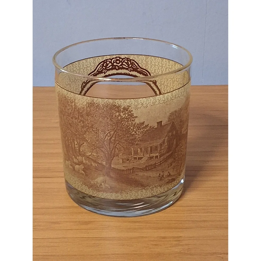 Vintage Currier & Ives Four Seasons Whiskey Rocks Glasses Set of 4 Brown Cream
